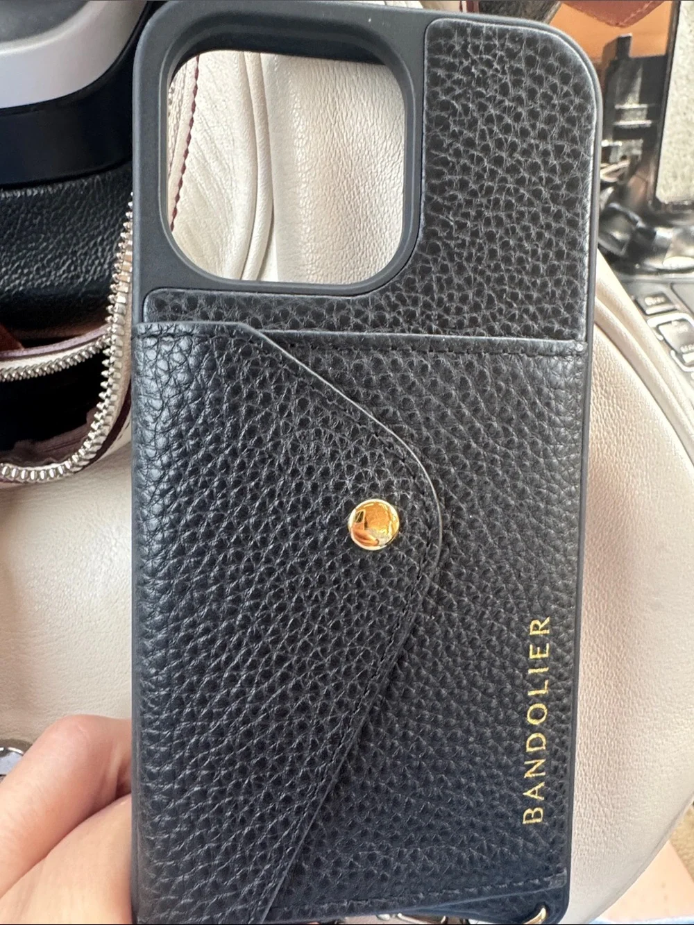 Bandolier Black Leather Wallet Phone Case with Gold Accent
